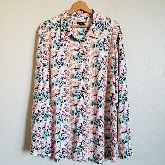 Talbots Floral Bird Button Front Tunic Top Roll Tab Sleeves Multi Size Womens 2X - Picture 1 of 11